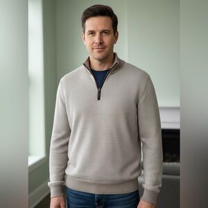 UNTUCKit Men's Zip-Neck Sweater in Light Taupe 100% Merino Wool Size XL